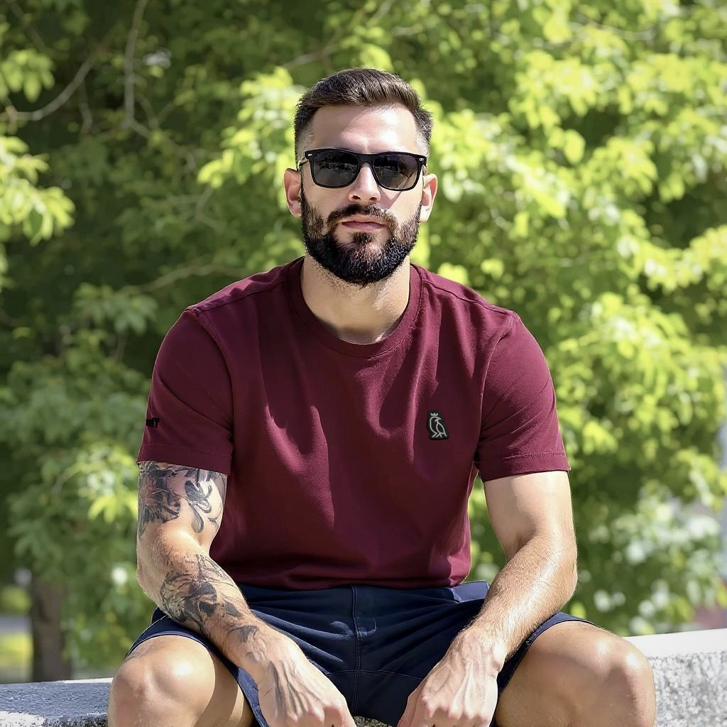 Modelo vistiendo la camiseta burdeos front ruff Capa en un entorno urbano
